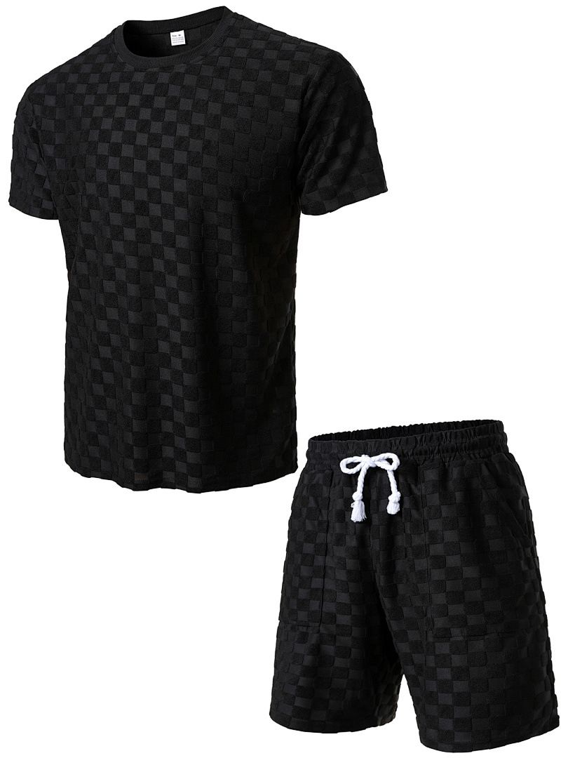 Summer Men's Checkered Embossed Suit Short Sleeve Casual Sports Two Piece Set Shorts_viptrois.com
