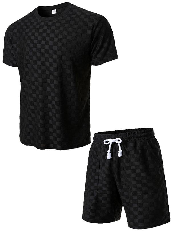 Summer Men's Checkered Embossed Suit Short Sleeve Casual Sports Two Piece Set Shorts_viptrois.com