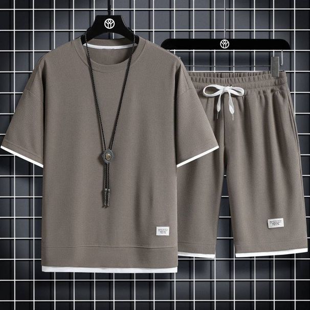 Waffle Sportswear Casual Suit For Men, Hong Kong-style Loose Fake Two-piece Short-sleeved Shirt And Shorts_viptrois.com
