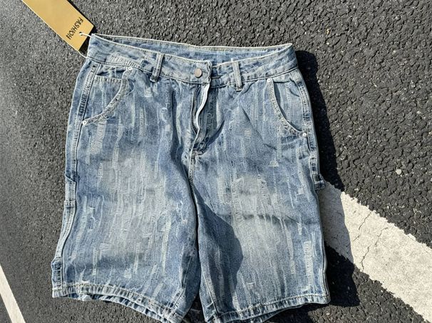 Men's Clothing Designer Style Heavy Craftsmanship Scratched Washed Trendy Brand Denim Shorts Men's Thin Pants 2025 Loose Shorts_viptrois.com
