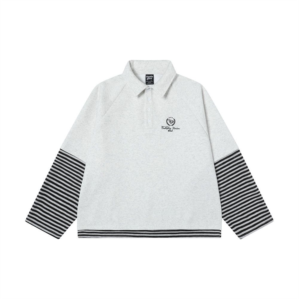 Two-Piece Sweatshirt For Men, Loose Striped Patchwork Long Sleeve Pullover, Polo Collar Sports Top, Versatile_viptrois.com