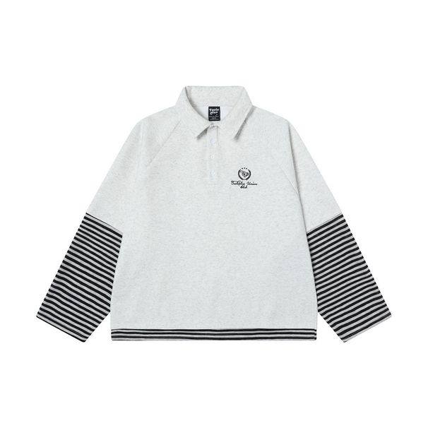 Two-Piece Sweatshirt For Men, Loose Striped Patchwork Long Sleeve Pullover, Polo Collar Sports Top, Versatile_viptrois.com