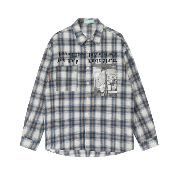Men's Clothing Street Rock Character Print Plaid Long Sleeved Shirt Spring And Autumn New Retro Casual Versatile Shirt Jacket_viptrois.com