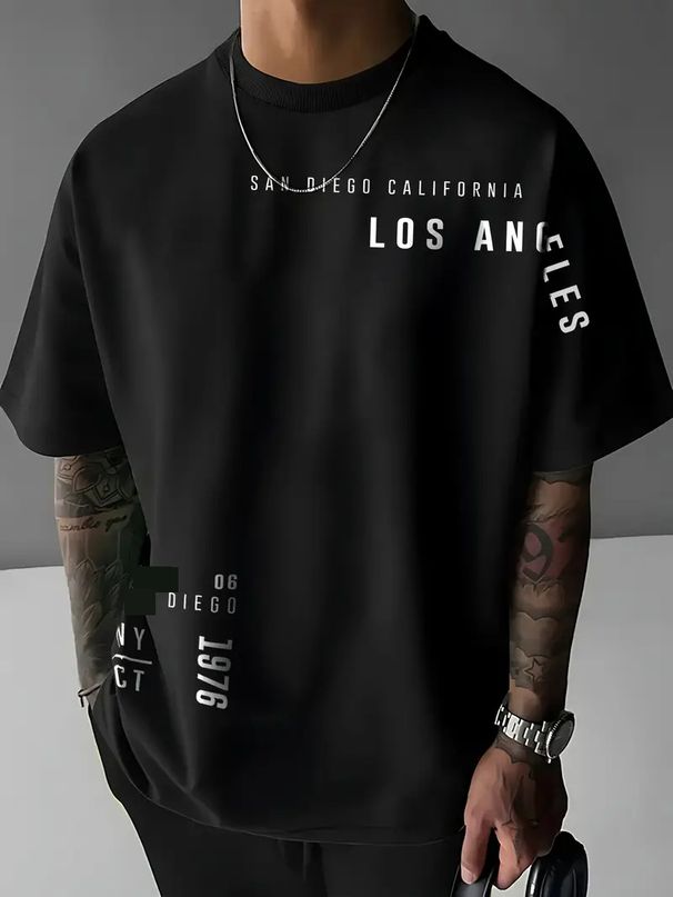 Men's Clothing Trendy Hip Hop High Street Loose Round Neck Short Sleeved Letter Printed T Shirt Tops_viptrois.com
