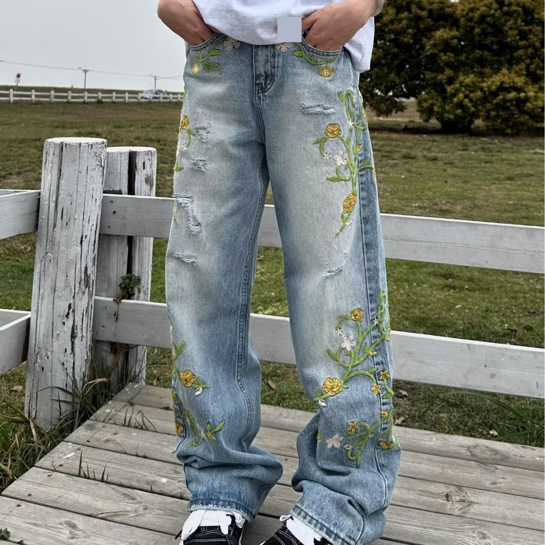 Men's Clothing Floral Embroidered Jeans Men Women - Loose Fit Straight Leg Distressed Denim Pants Vintage Wash Comfortable Cotton Blend Streetwear_viptrois.com