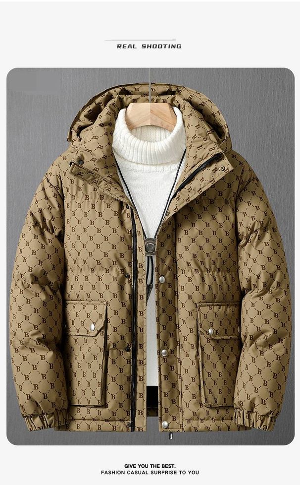Men's Winter Hooded Letter B Print Cotton Padded Jacket - Loose Fit, Thickened Warm Coat For Teens & Youth_viptrois.com