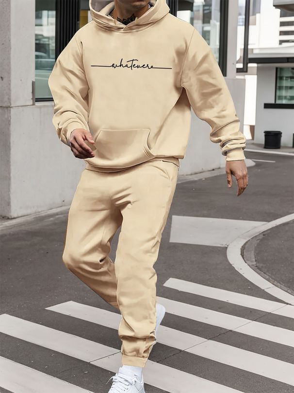 Men's Autumn And Winter Casual Fashion Letter Print Loose Suede Thick Hooded Sweatshirt+sports Pants Set_viptrois.com