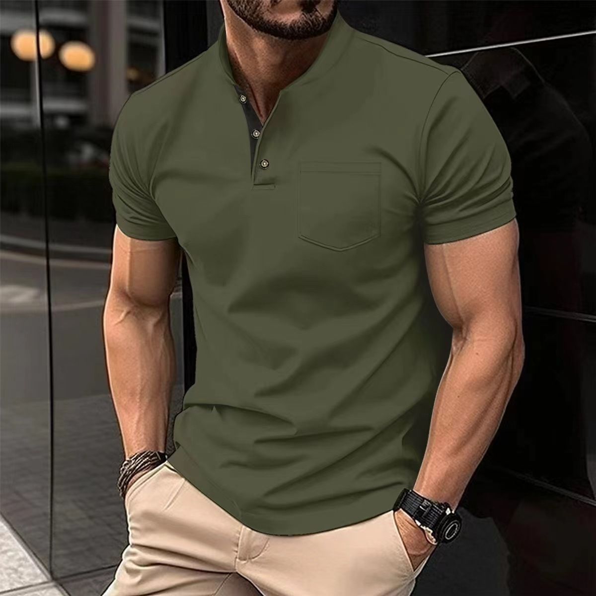 Men's Clothing Solid Color Short Sleeved Button Pocket T Shirt_viptrois.com