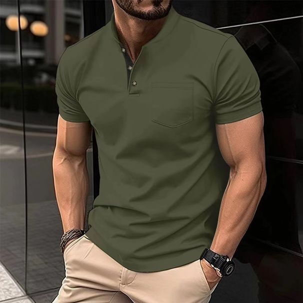 Men's Clothing Solid Color Short Sleeved Button Pocket T Shirt_viptrois.com
