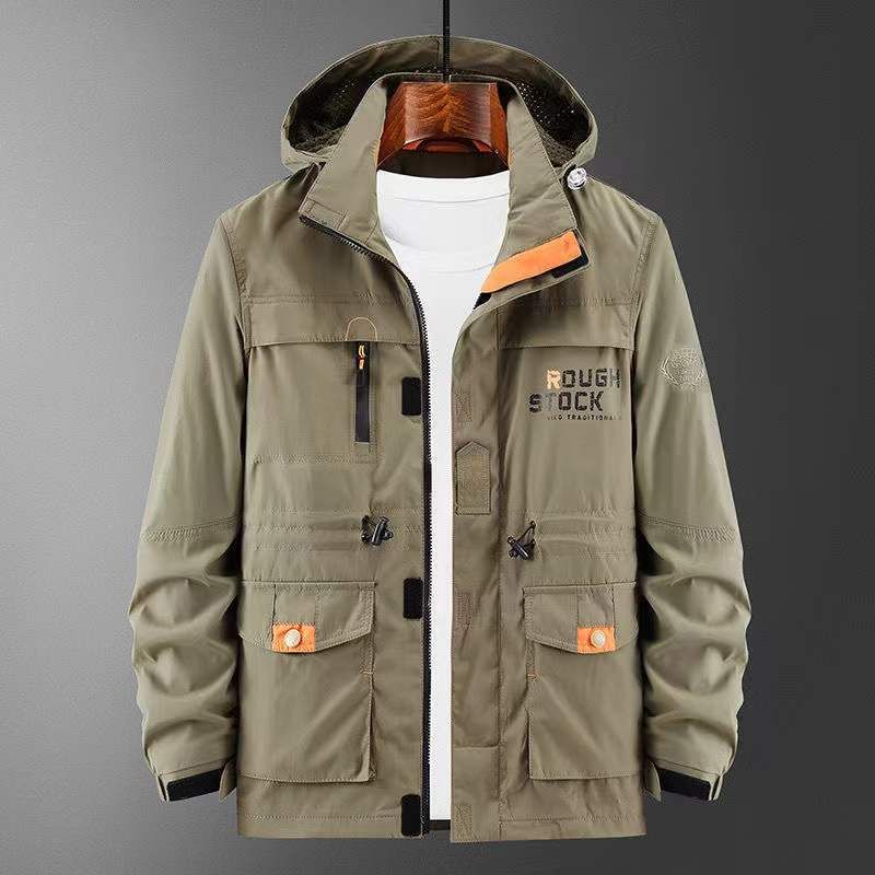 Men's All-Season Utility Jacket – Lightweight Nylon Shell With Fleece Lining, Multi-Pocket Tactical Design & Hooded Windbreaker (Khaki/Army Green)_viptrois.com
