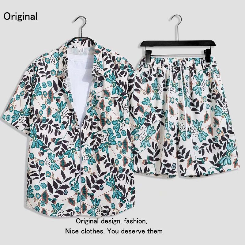 Men's Clothing Hawaiian Beach Vacation Style Short Sleeved Suit For Male And Female Students Loose Couple Shorts Floral Shirt Casual Two Piece Set_viptrois.com
