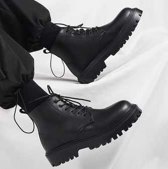 Cowhide Martin Men British Style Autumn Thick Sole Mid-Top Height Increasing Work Men's Black Trendy Short Boots_viptrois.com