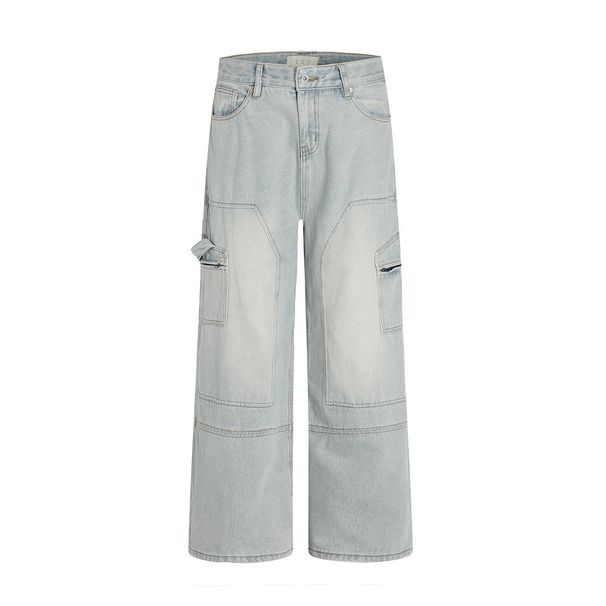 Punk Washed Denim Cargo Men's High Street Loose Wide-Leg Straight Long Pants Vintage Patchwork Design_viptrois.com
