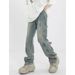 Men's Clothing Retro Vintage Blue Jeans For Men - American High Street Vibe, Deconstructed Button Design, Straight & Slightly Flared Trousers_viptrois.com