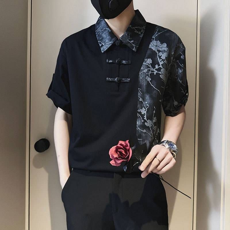 New Chinese-style Shirt Men's Short-sleeved Trendy Brand Casual Summer Color-blocking Half-sleeved Shirt_viptrois.com