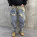 Men's Clothing Casual Handsome Heavy Retro Ripped Patch Jeans Straight Loose Beggar Wide Leg Pants_viptrois.com