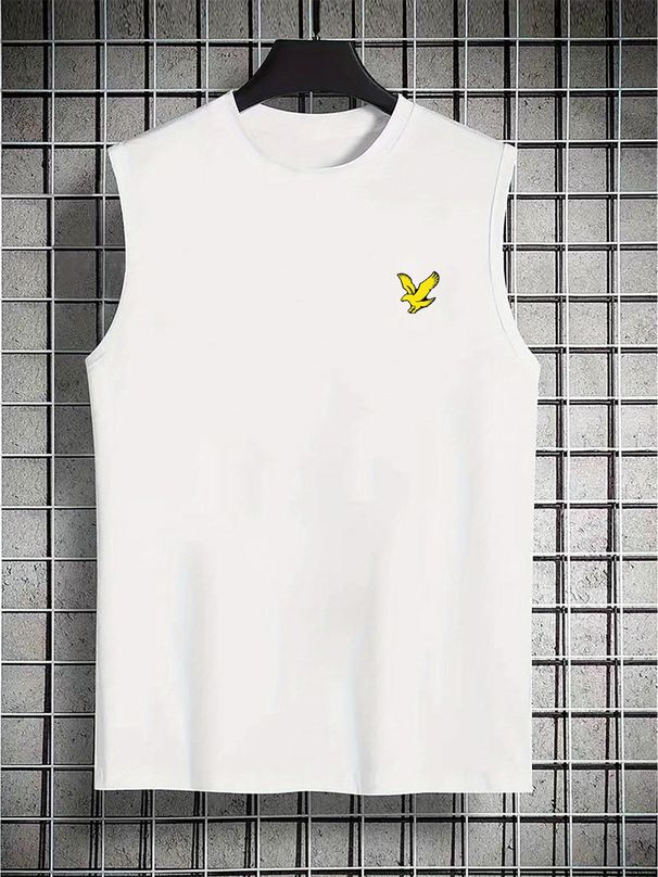 100% Pure Cotton Men's Summer Casual Sports Fitness Loose Eagle Pattern Printed Breathable Round Neck Sleeveless Vest_viptrois.com