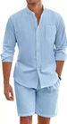Men's Clothing Summer Shirt Set American Style Solid Color Stand Up Collar Loose Casual Breathable Linen_viptrois.com