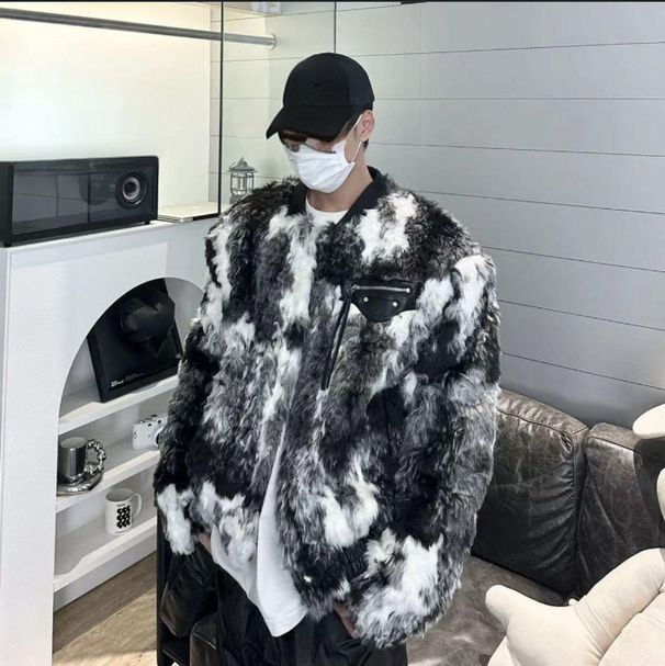 Men's Clothing Winter black and white contrast tie dye gradient retro plush jacket coat trendy fashion warm fur coat men_viptrois.com