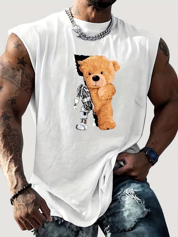 100% Pure Cotton Men's Summer Casual Sports Fitness Loose Mechanical Bear Pattern Printed Breathable Round Neck Sleeveless Vest_viptrois.com
