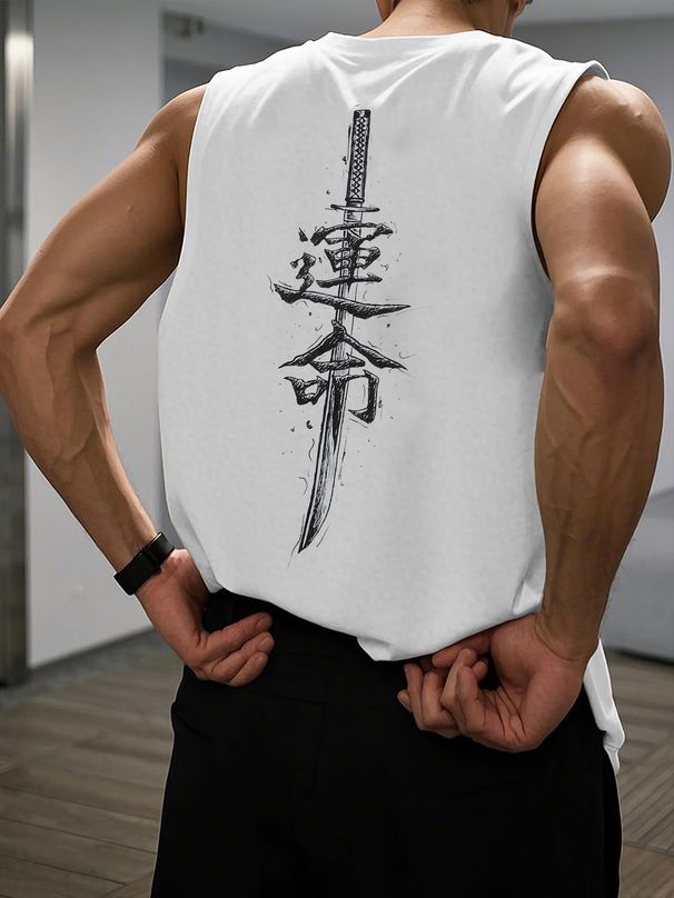 100% Pure Cotton Men's Summer Casual Sports Fitness Loose Japanese Samurai Sword Pattern Printed Breathable Round Neck Sleeveless Vest_viptrois.com