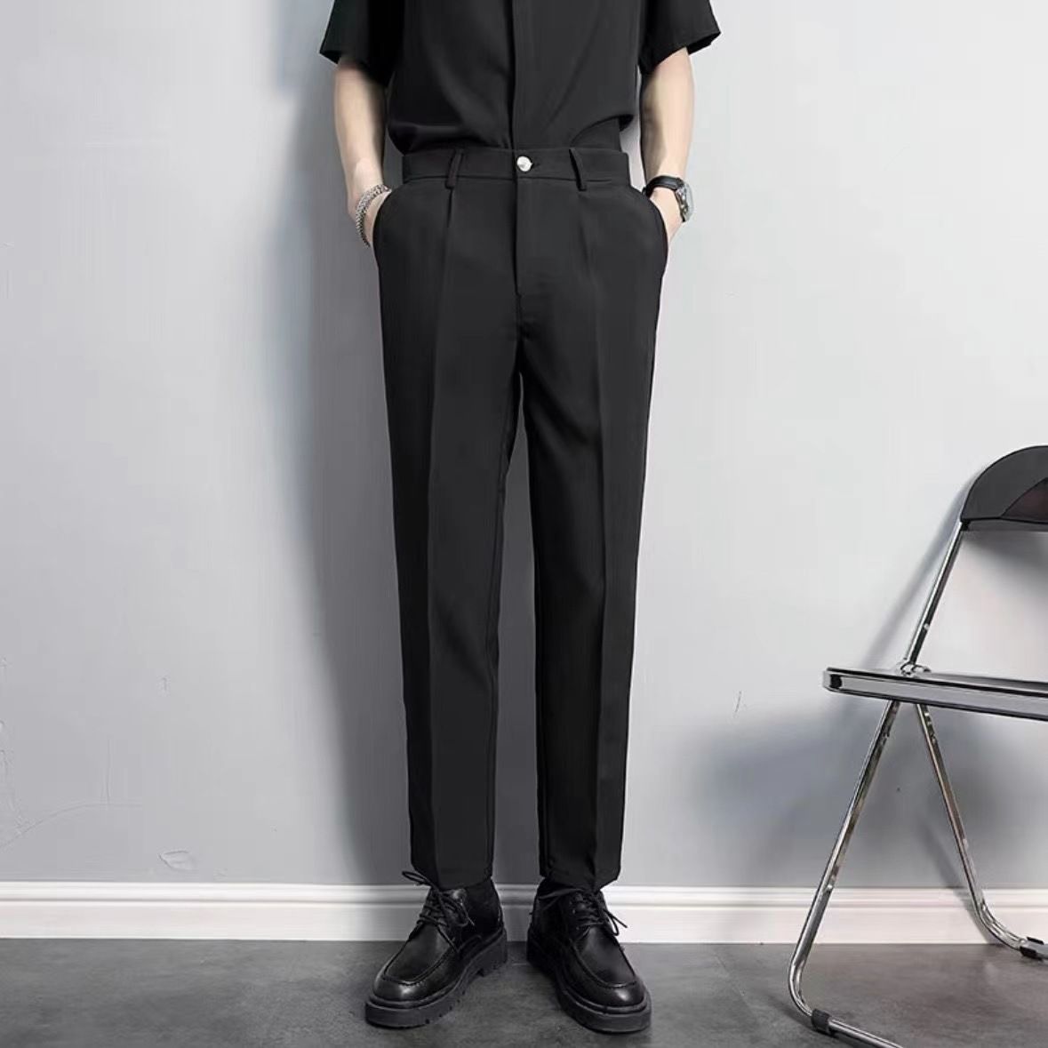 Men's Slim Straight Business Casual Trousers Anti-Wrinkle High-Drape Black Nine-Point Small Suit No-Ironing Required_viptrois.com