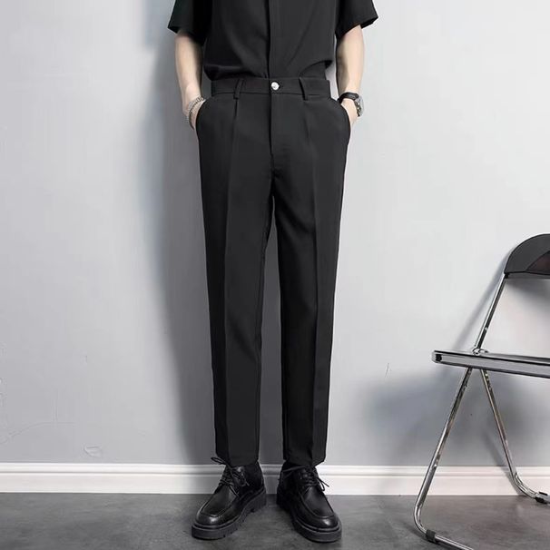 Men's Slim Straight Business Casual Trousers Anti-Wrinkle High-Drape Black Nine-Point Small Suit No-Ironing Required_viptrois.com