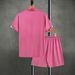 Men's Textured Knit Short Sleeve Shirt With Collar And Drawstring Shorts Set - Solid Color Casual Two Piece Outfit_viptrois.com