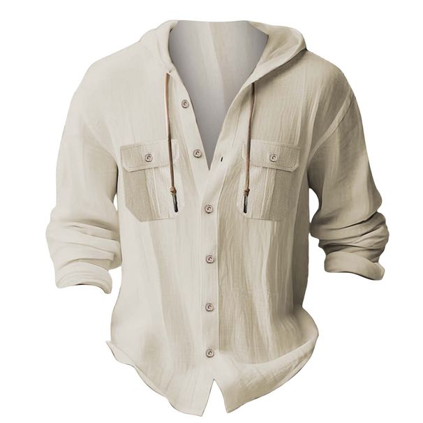Men's Casual Hooded Cardigan – Long Sleeve Cotton-Linen Blend, Loose Fit For Everyday Wear_viptrois.com