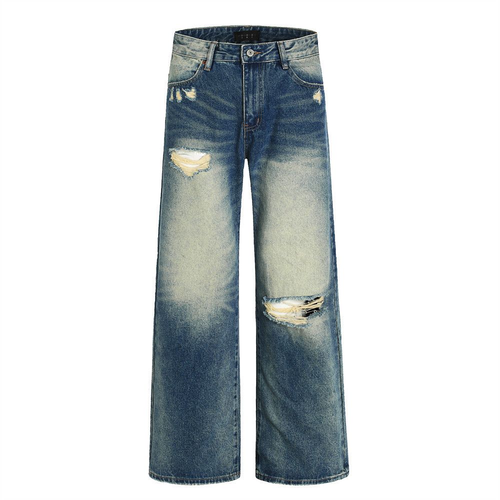 Men's Clothing Wasteland Style Ripped Old Jeans Men's High Street Trend Heavy Grinding White Washed And Worn Wide Leg Straight Trousers_viptrois.com