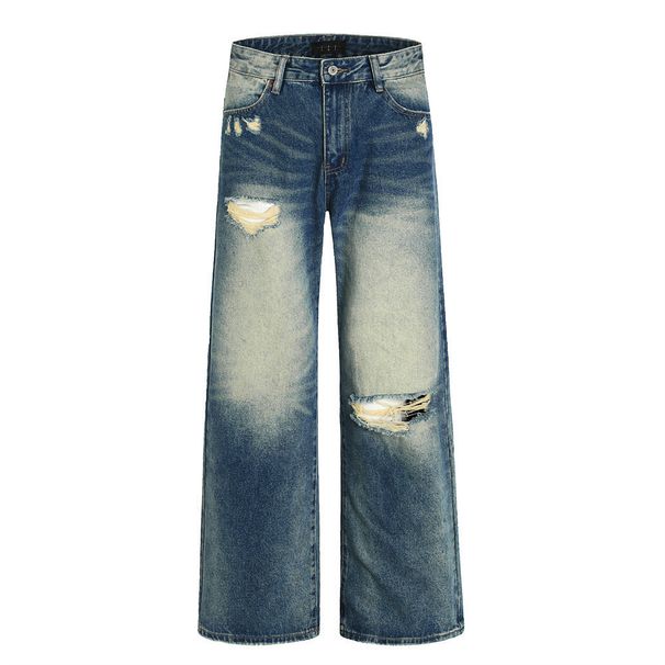 Post-apocalyptic Style Distressed Vintage Jeans For Men High Street Trend Heavy-duty Washed And Frayed Wide-leg Straight_viptrois.com