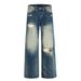 Men's Clothing Wasteland Style Ripped Old Jeans Men's High Street Trend Heavy Grinding White Washed And Worn Wide Leg Straight Trousers_viptrois.com