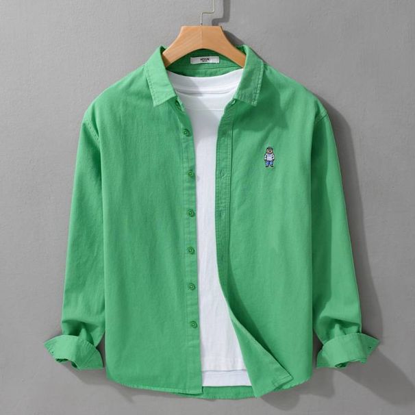 Men's Clothing Spring And Autumn Casual Cotton Long-sleeved Shirt Versatile Bear Embroidery Trendy Loose Shirt_viptrois.com