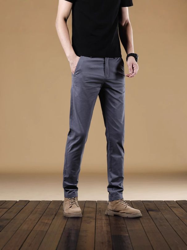 Men's Stretch Straight Leg Casual Pants - Breathable Cotton Comfort Fit For Business & Leisure - Solid Colors (Black, Khaki, Gray, Purple)_viptrois.com