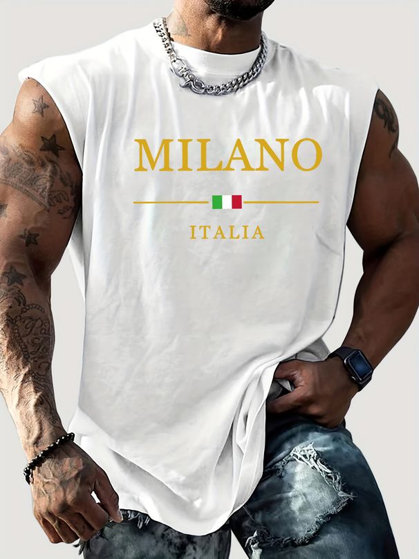 100% Pure Cotton Men's Summer Casual Sports Fitness Loose MILANO Pattern Printed Breathable Round Neck Sleeveless Vest_viptrois.com