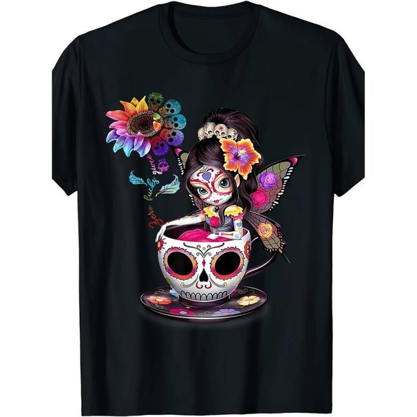 Camiseta Gráfica Calavera Azúcar Colorida Girasol Halloween Cada Ocasión, Camiseta Algodón Suave De Manga Corta Hombres_viptrois.com