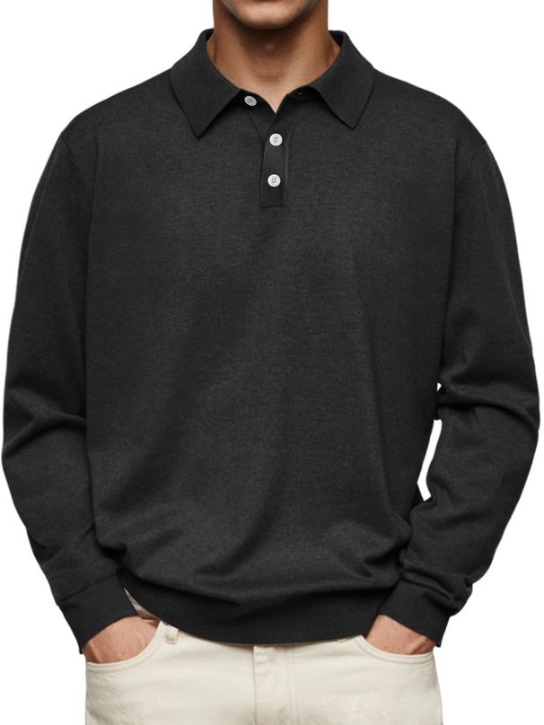 Men's Long Sleeve V-Neck Button-Up Polo Shirt - Comfortable Stretch Fabric, Lightweight & Breathable, Casual & Business Wear, Multiple Colors & Sizes_viptrois.com