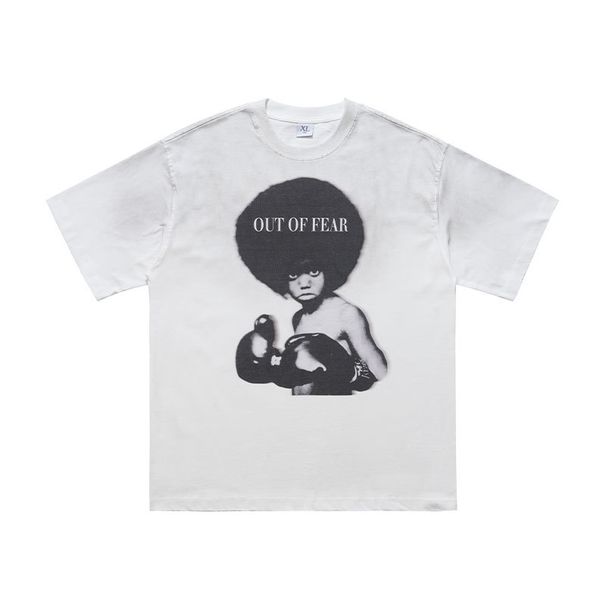 American Street Style Spray-painted Faded Pure Cotton 300g Portrait Print Men's Loose Casual Short-sleeve Shirt_viptrois.com