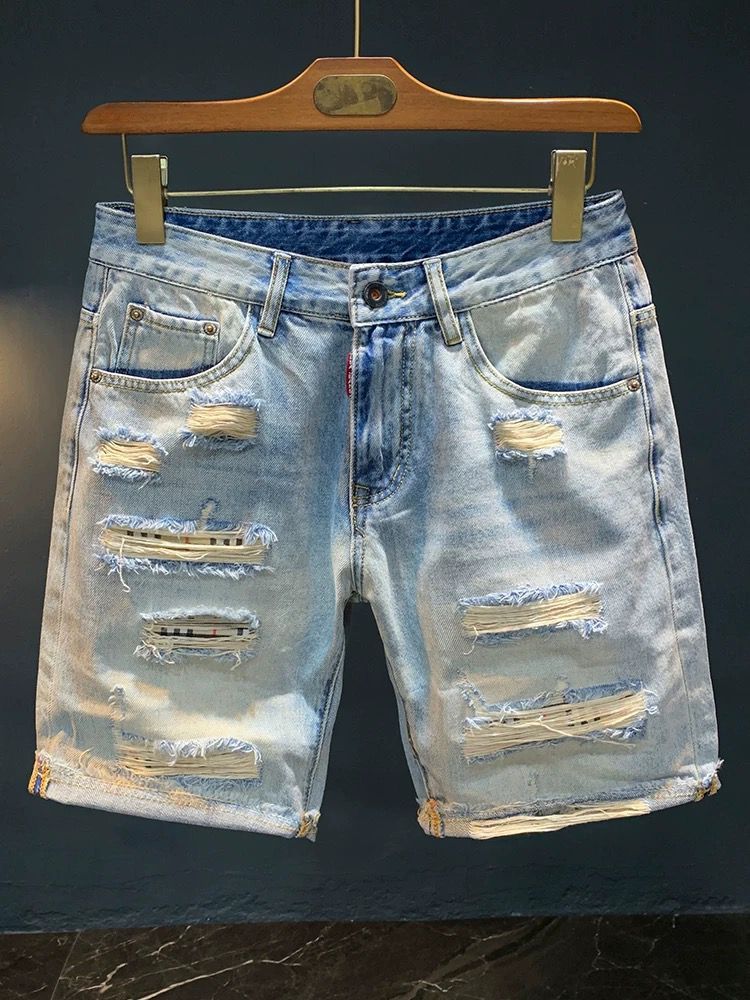 Men's Clothing Fashion Hole Denim Shorts Shorts Thin Style Trendy Fashion Heavy Washed Shorts_viptrois.com