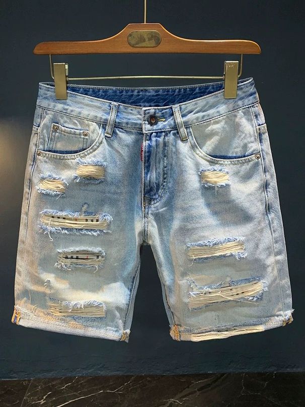 Men's Clothing Fashion Hole Denim Shorts Shorts Thin Style Trendy Fashion Heavy Washed Shorts_viptrois.com
