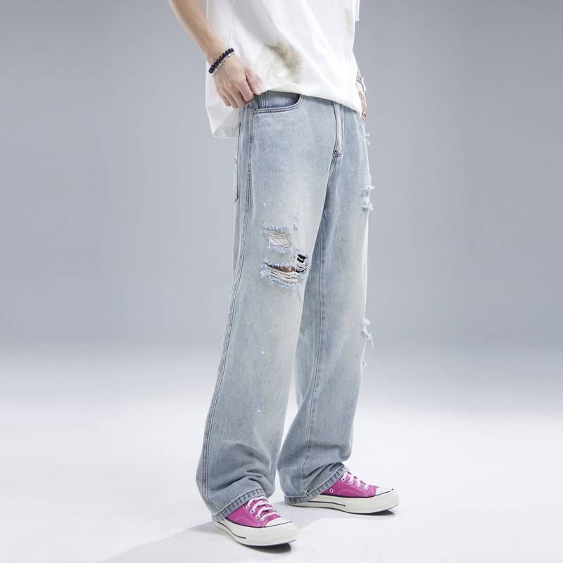 Men's Clothing Trendy Light Blue Ripped Jeans Men's New Style Drape Straight Flared Ink Splashed Design Casual Pants_viptrois.com