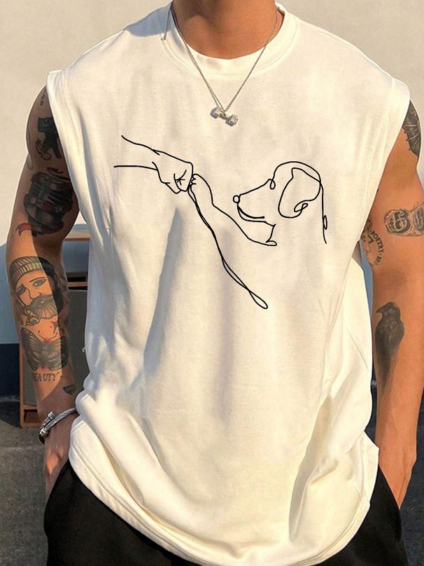 100% Pure Cotton Men's Summer Casual Sports Fitness Loose Dog Pattern Printed Breathable Round Neck Sleeveless Vest_viptrois.com