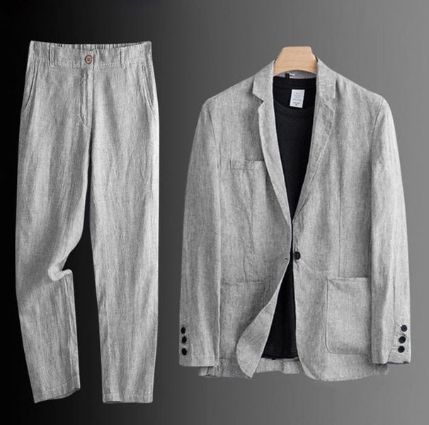 Men's Clothing Summer Linen Suit Slim Fit Thin Cotton And Linen Casual Loose Jacket Sun Proof Two Piece Suit_viptrois.com