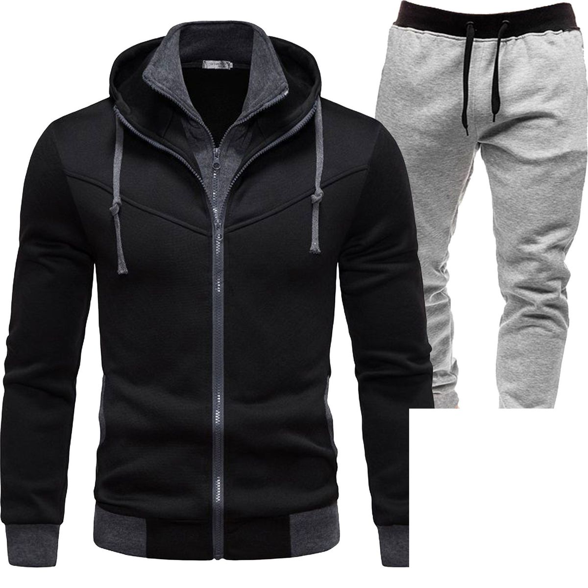 Men's Clothing Autumn And Winter Sports Stitching Men's Jacket Casual Long Sleeved Trousers Hooded Sports Men's Two Piece Suit_viptrois.com