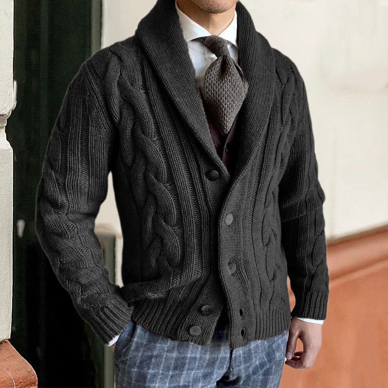 2026 European-USA Style Fashion Cardigan Men 100% Acrylic Lapel Pure Color Twisted Flower Single-Breasted Long Sleeve Straight Type Knit Sweater_viptrois.com