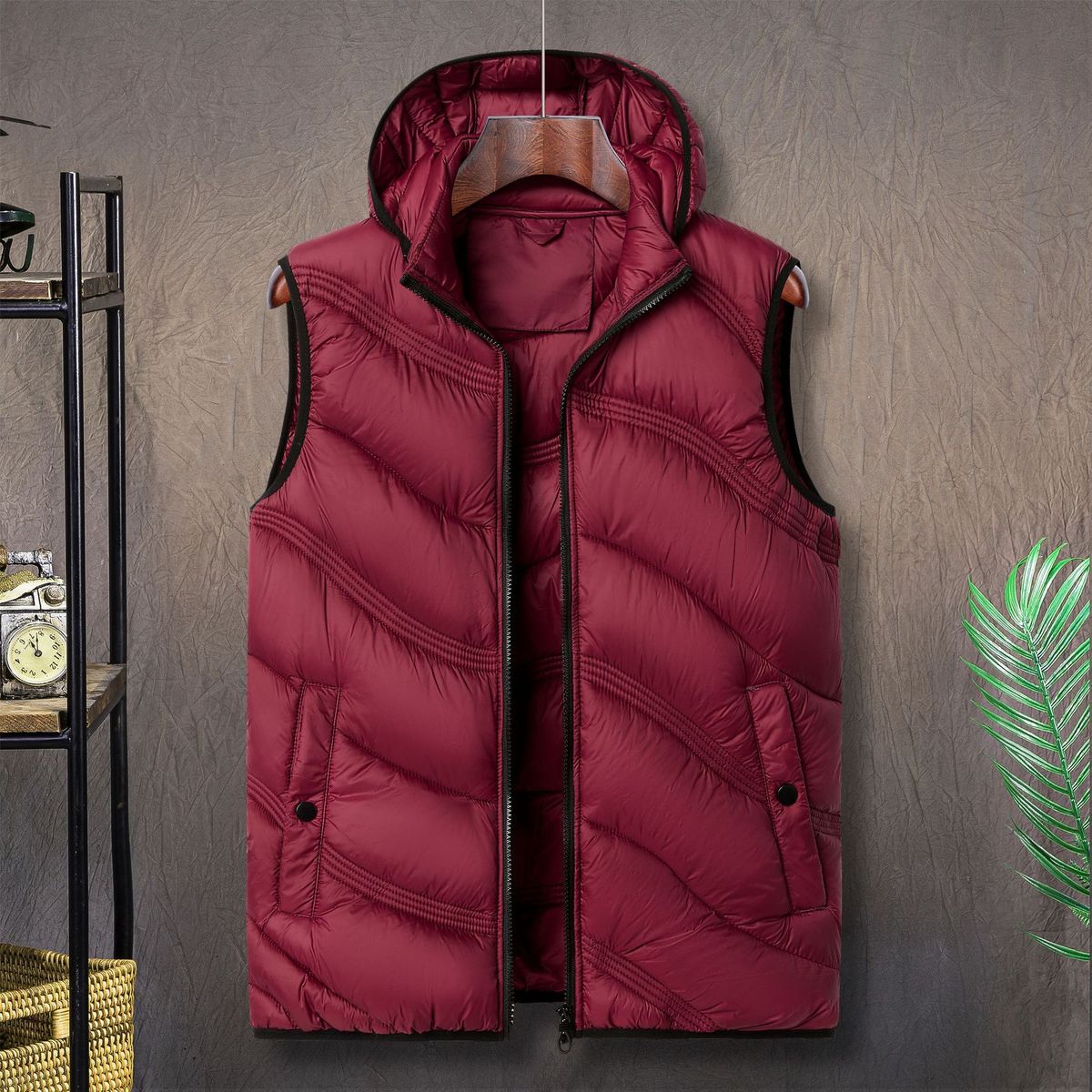 Men's Lightweight Quilted Nylon Jacket With Detachable Hood, Slim Fit Casual Zip-Up Vest For Autumn Winter (Black, Navy, Army Green, Burgundy, Blue)_viptrois.com