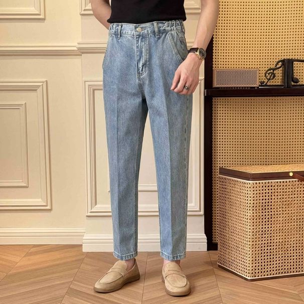 Men's Clothing New Light Colored Jeans Men's Fashionable Versatile Slanted Pockets Straight Casual Long Pants_viptrois.com