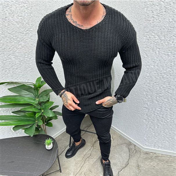 Autumn And Winter Solid Color Simple Slim Long Sleeved Round Neck Pullover Sweater Men Wholesale_viptrois.com