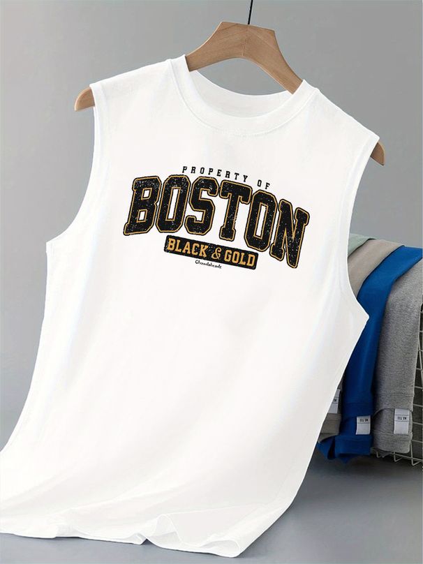 100% Pure Cotton Men's Summer Casual Sports Fitness Loose BOSTON Letter Pattern Printed Breathable Round Neck Sleeveless Vest_viptrois.com