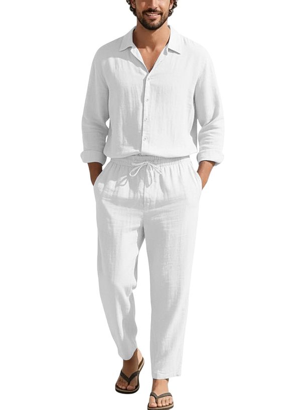 New Four-season Linen Collar Casual Loose Beach Sun Protection Long-sleeved Shirt And Pants Set For Men_viptrois.com